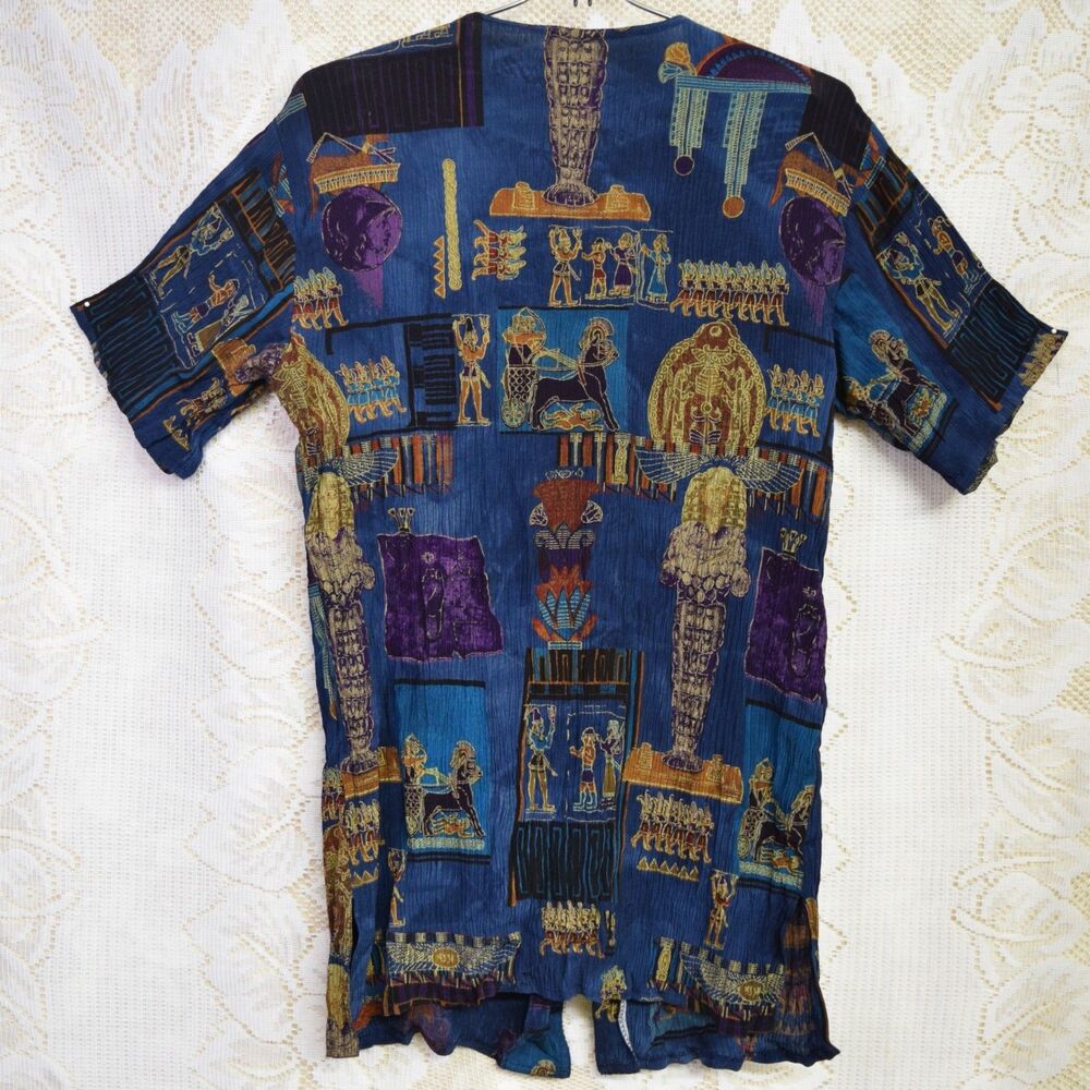 VTG 90s Womens Sz Sm Silk Blend Peker Collection Egyptian History Sarcophagus - Picture 4 of 9